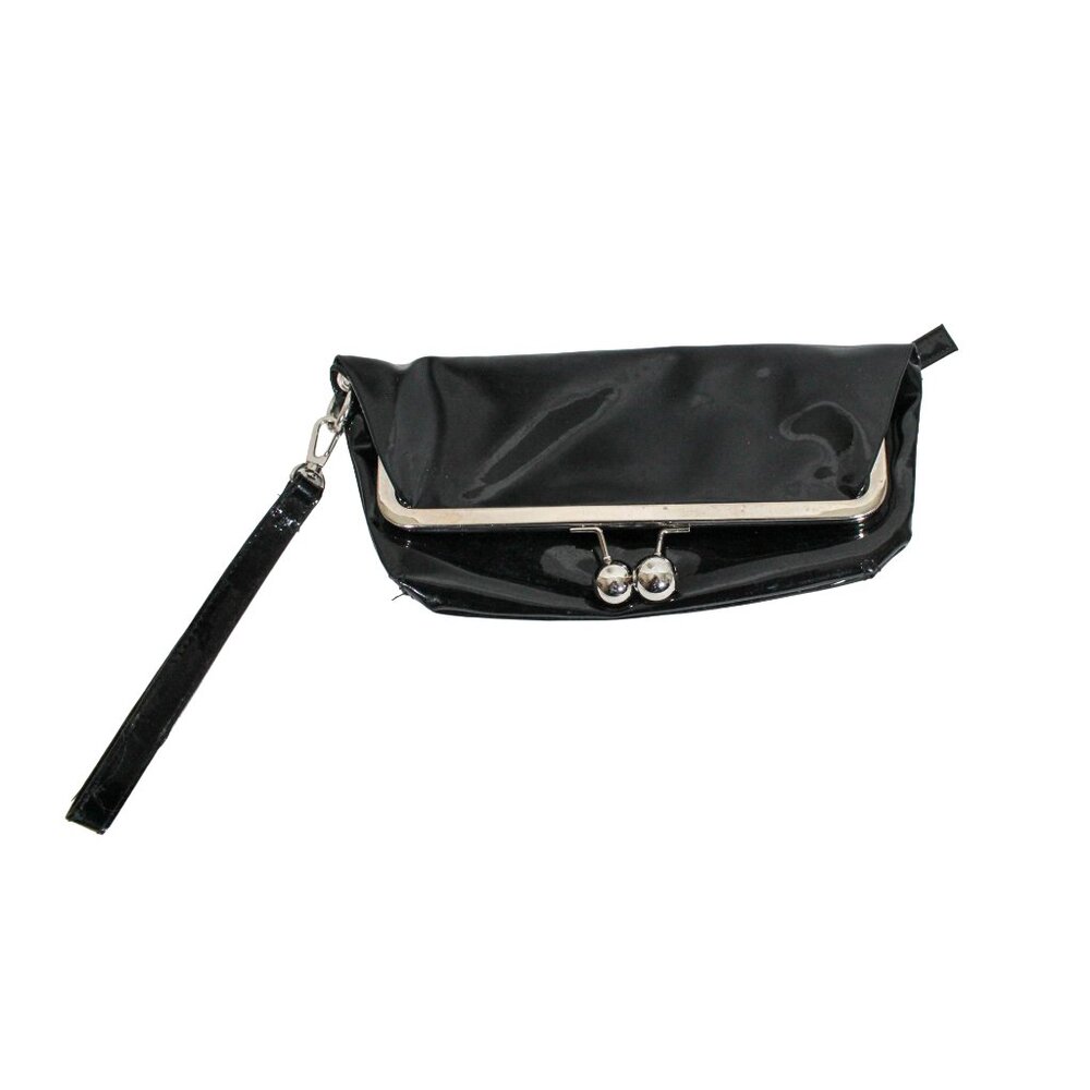 Vintage Y2K Black Vinyl Foldover Clutch Bag Silver Hardware Punk Goth Rocker